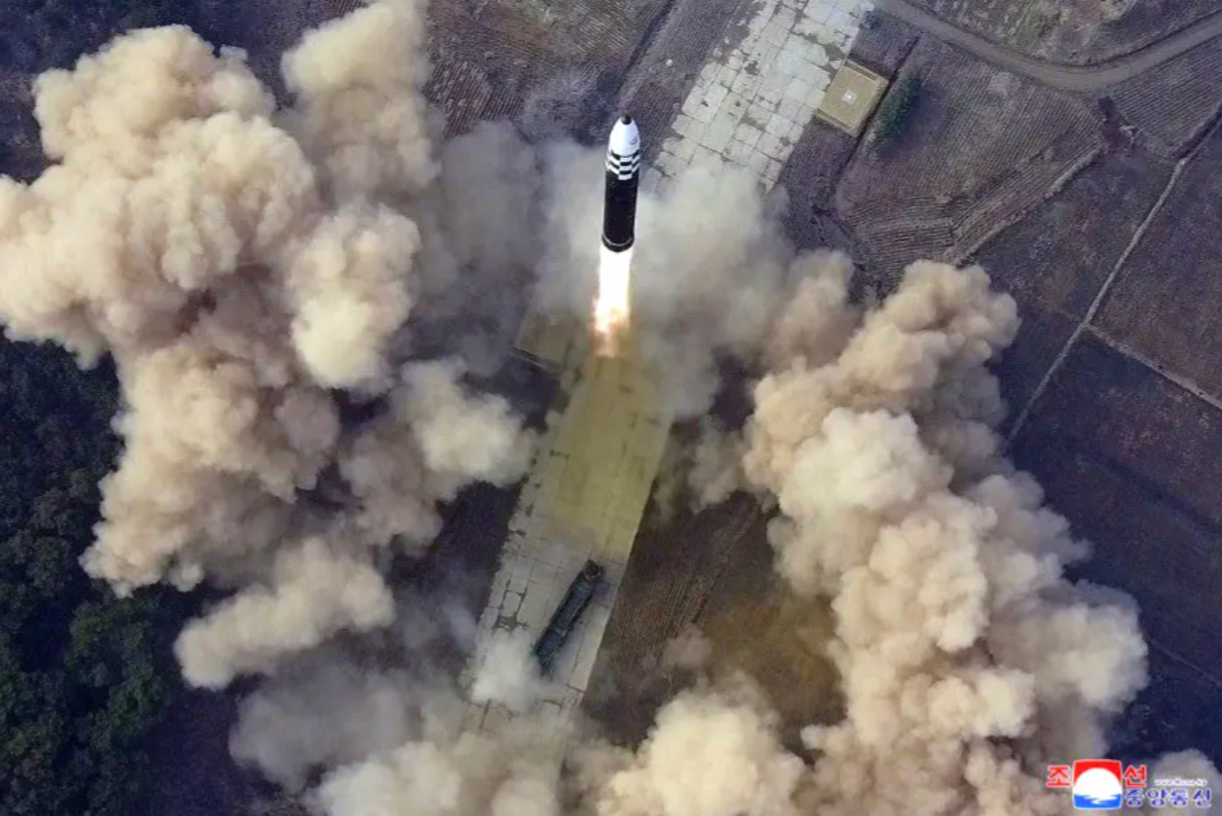 Launch of the North Korean Hwasongpho-17 nuclear-capable ICBM on March 24, 2022. <em>North Korean state media</em>