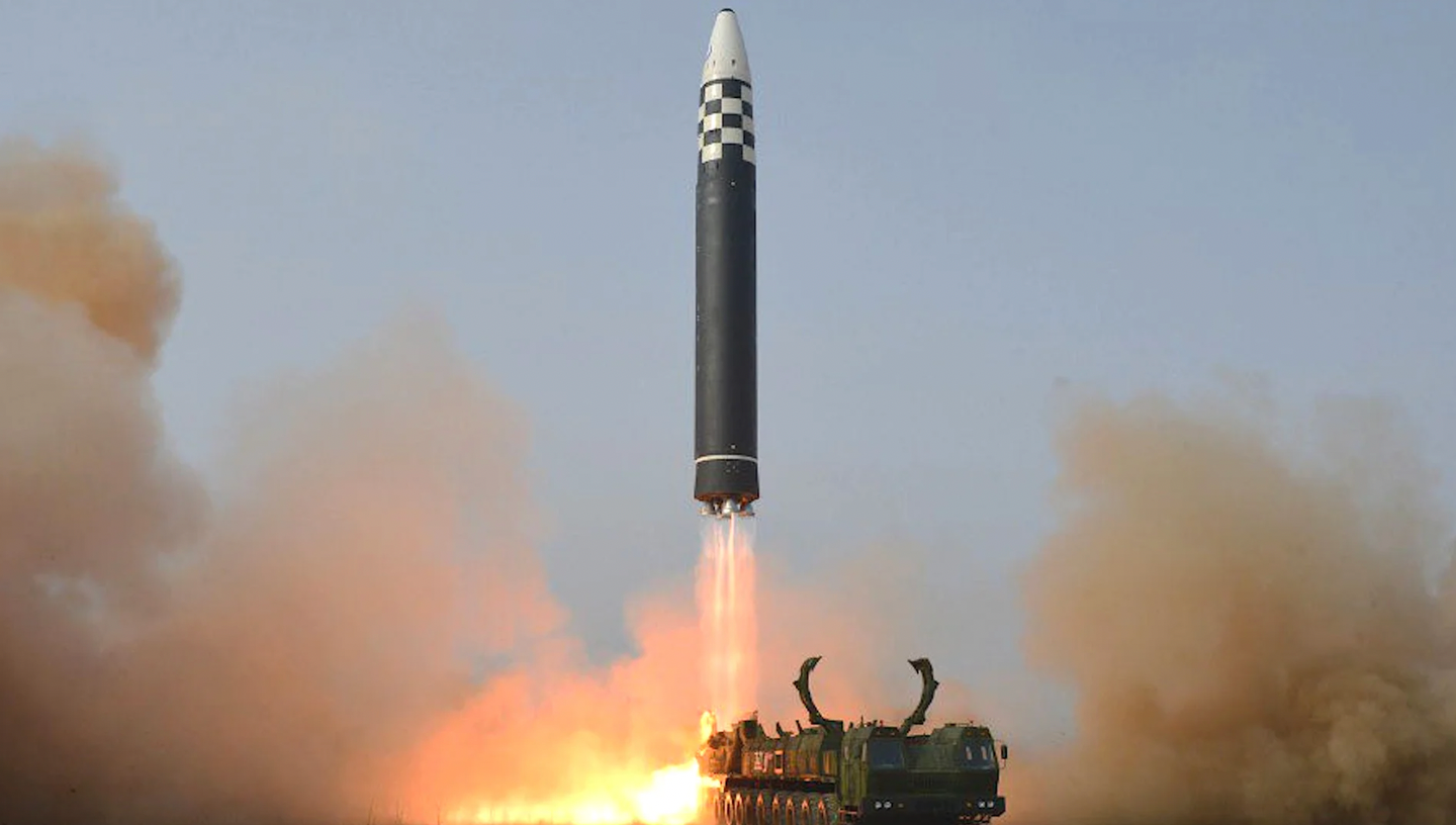 The latest North Korean ‘super-large’ nuclear-capable intercontinental ballistic missile, or ICBM, known as the Hwasongpho-17. <em>North Korean state media</em>