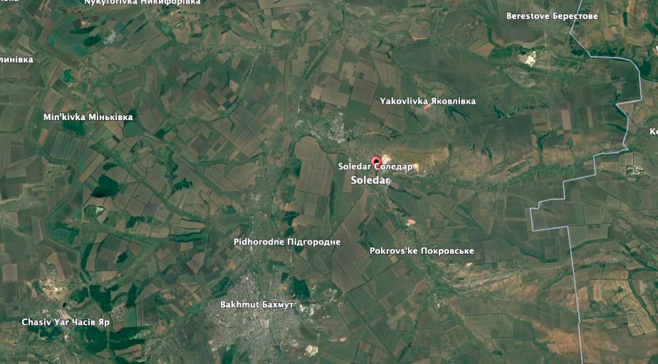 Soldeer is about six miles northeast of Bakhmut in Donetsk Oblast. (Google Earth photo)
