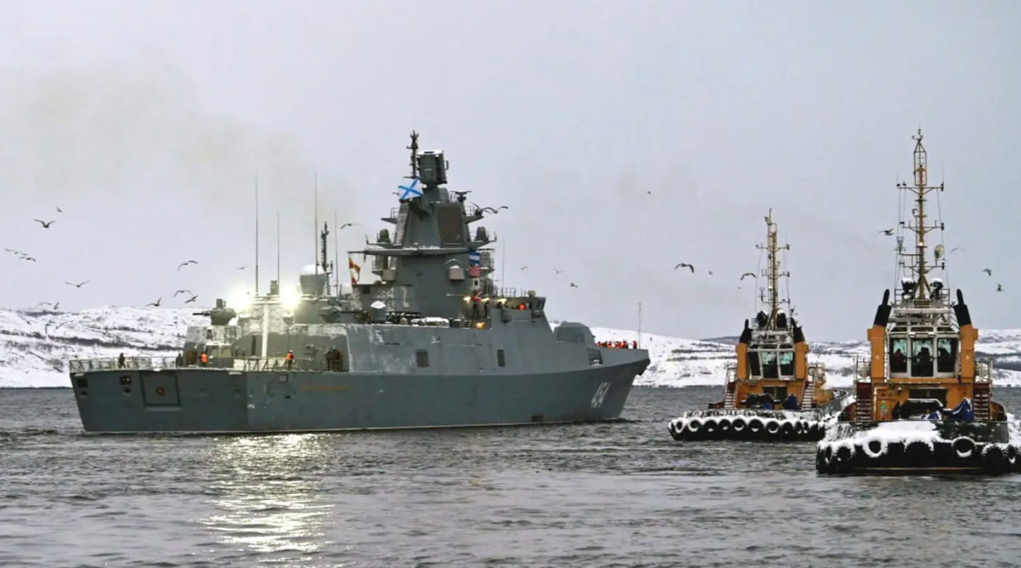 Allegedly armed with hypersonic missiles, the Russian Navy frigate&nbsp;<em>Admiral Gorshkov</em>&nbsp;leaves port on, or around, January 4, 2023.&nbsp;<em>TASS</em>