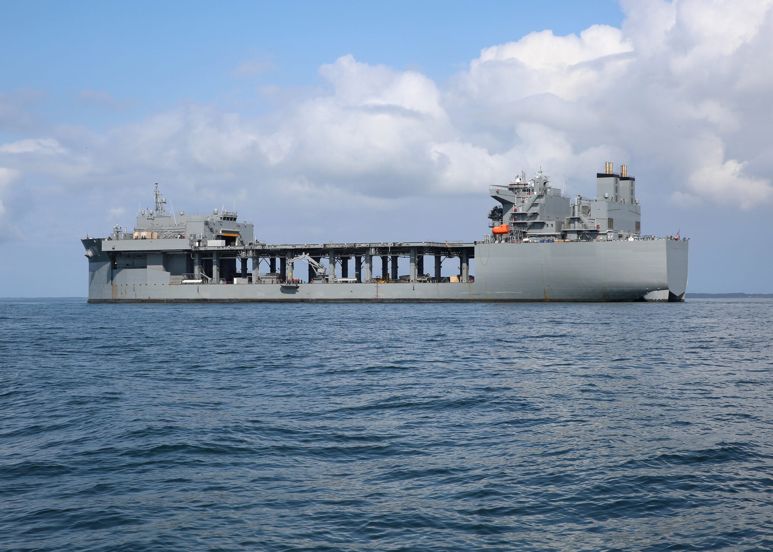 190915-N-OH262-0709 
CHESAPEAKE BAY (Sept. 15, 2019) The Military Sealift Command expeditionary sea base USNS Hershel 'Woody' Williams (ESB 4) is at anchor in the Chesapeake Bay, Sept. 15, 2019 during mine countermeasure equipment testing. (U.S. Navy photo by Bill Mesta/Released)