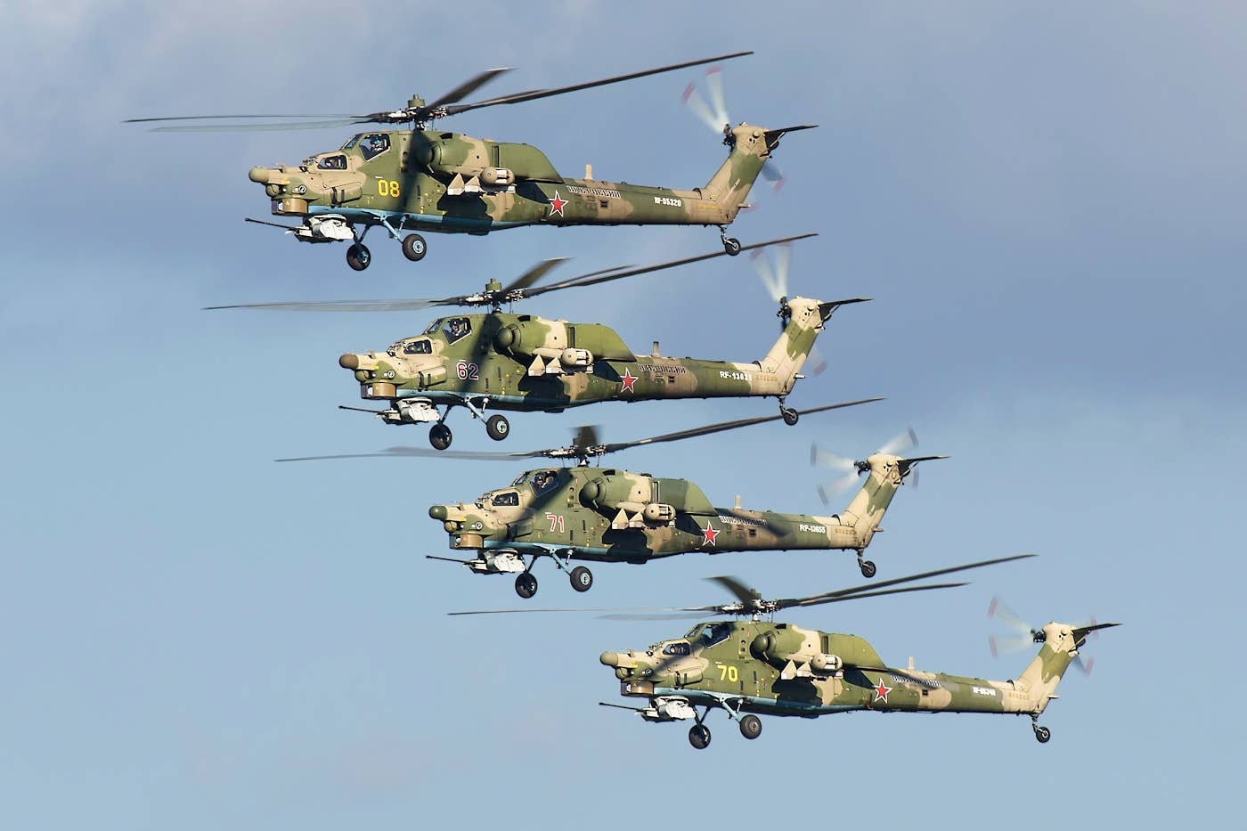 Mi-28N helicopters from the 344th State Combat Training and Flight Crew Conversion Center in Torzhok. <em>Andrei Shmatko/Wikimedia Commons</em>