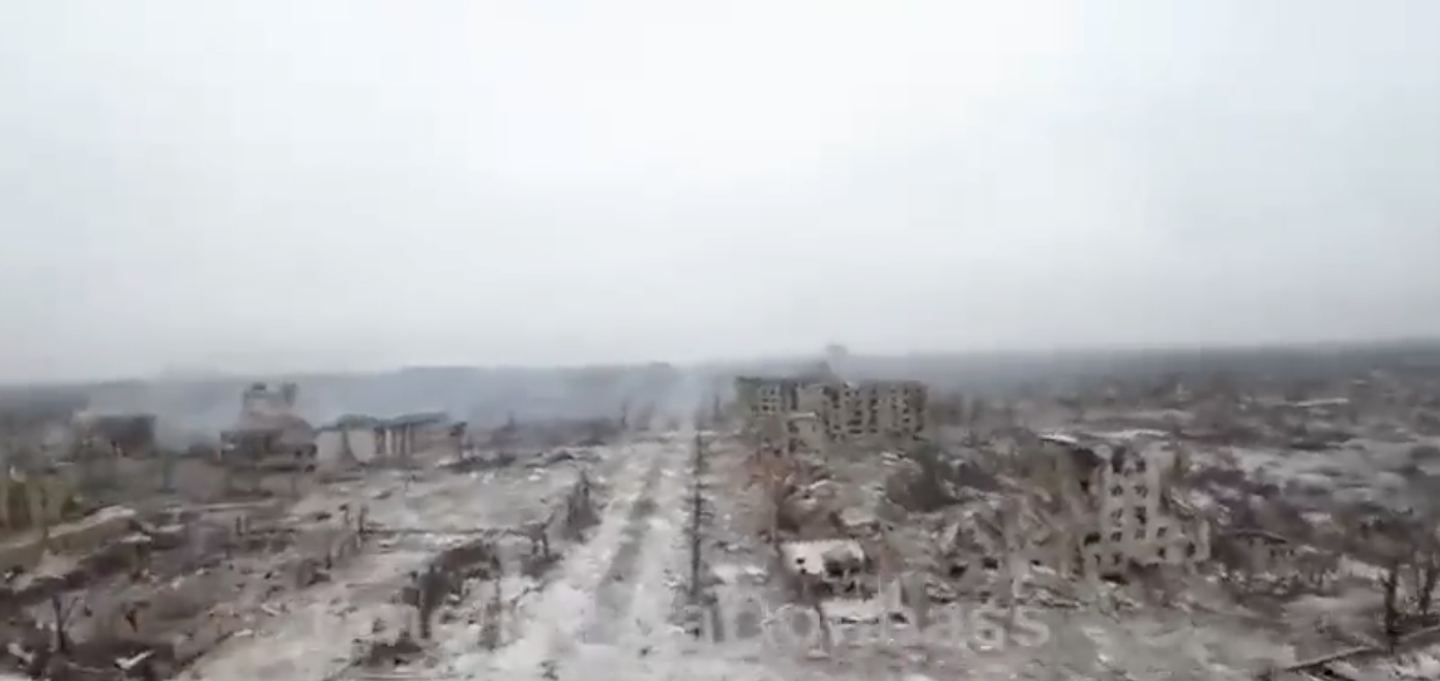 The city of Maryinka as seen from a drone this week. (Screencap via Twitter)