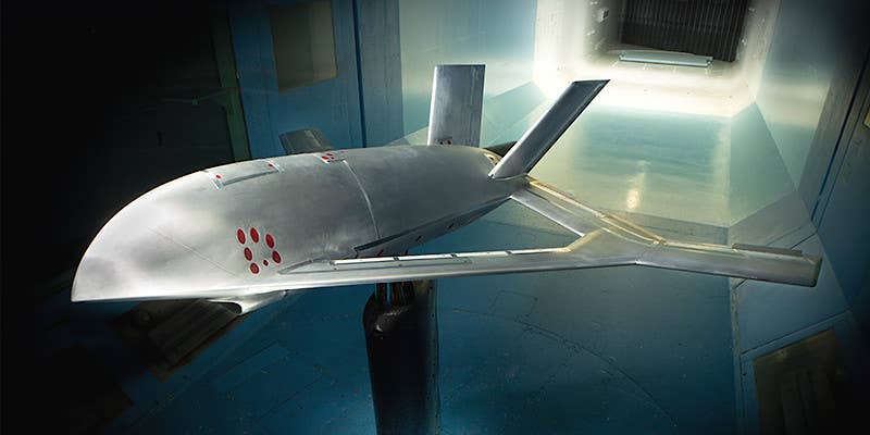 A wind tunnel model showing a more recent evolution of Aurora Flight Sciences' CRANE X-plane design. <em>Aurora Flight Sciences</em>