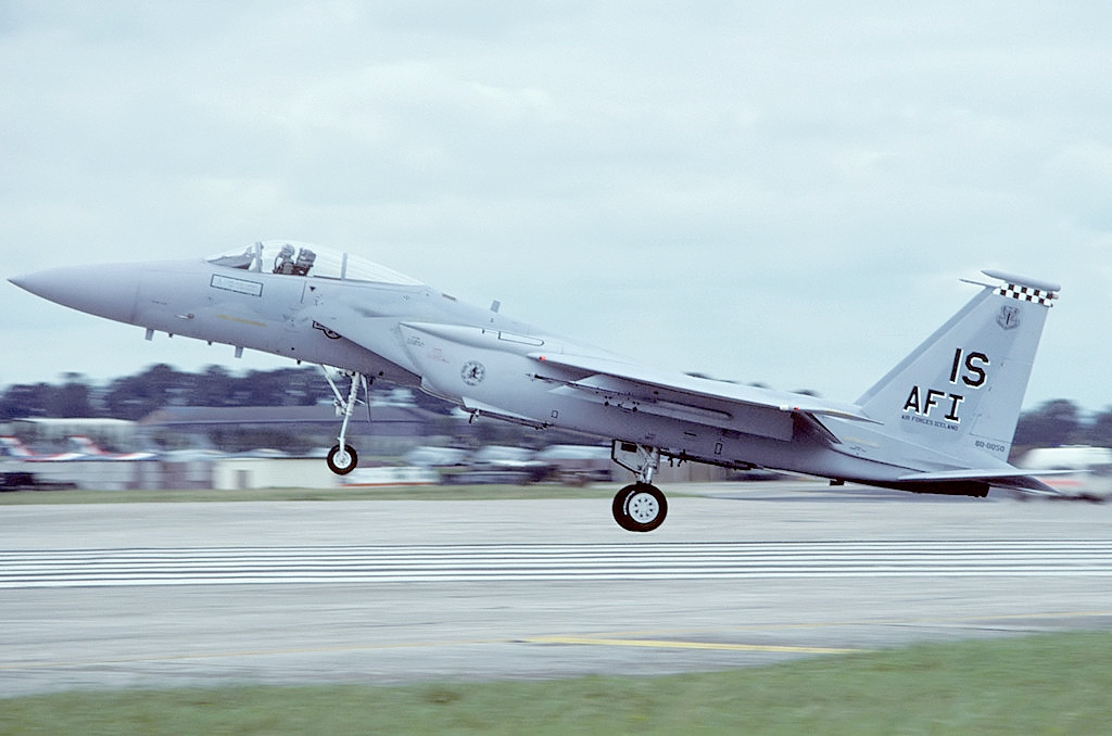 An F-15C lands in Iceland in 1991.&nbsp;<em>Mike Freer / Touchdown-aviation via Wikimedia</em>
