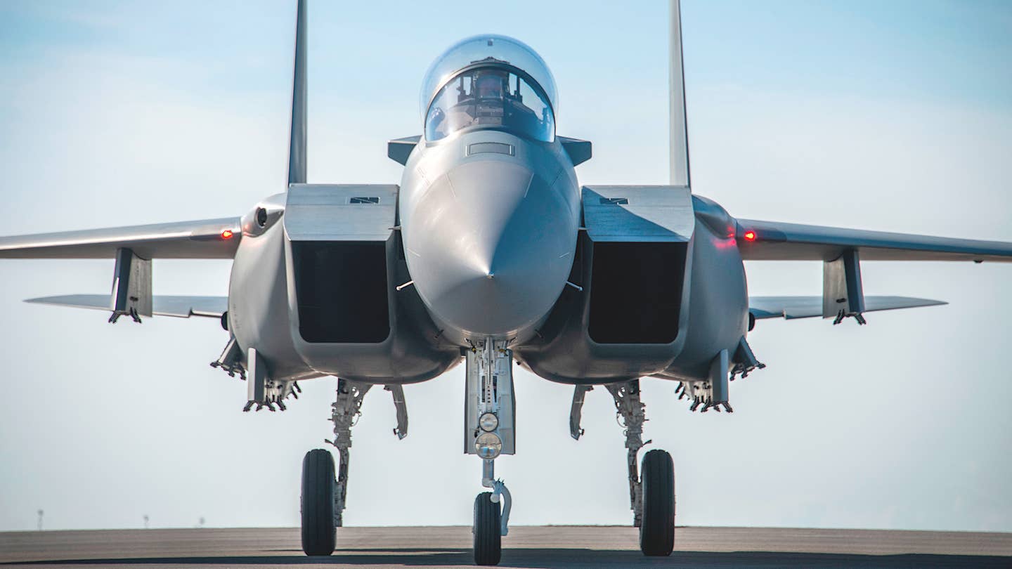 Head-on view of an F-15EX, with the conformal fuel tanks fitted. <em>U.S. Air Force</em>