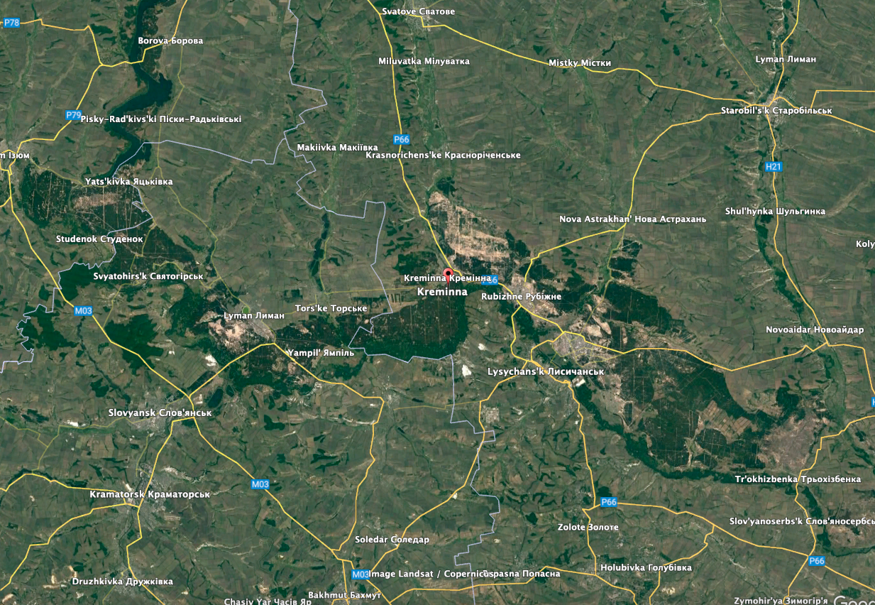 Kreminna's location makes it an important target for Ukraine. (Google Earth image)