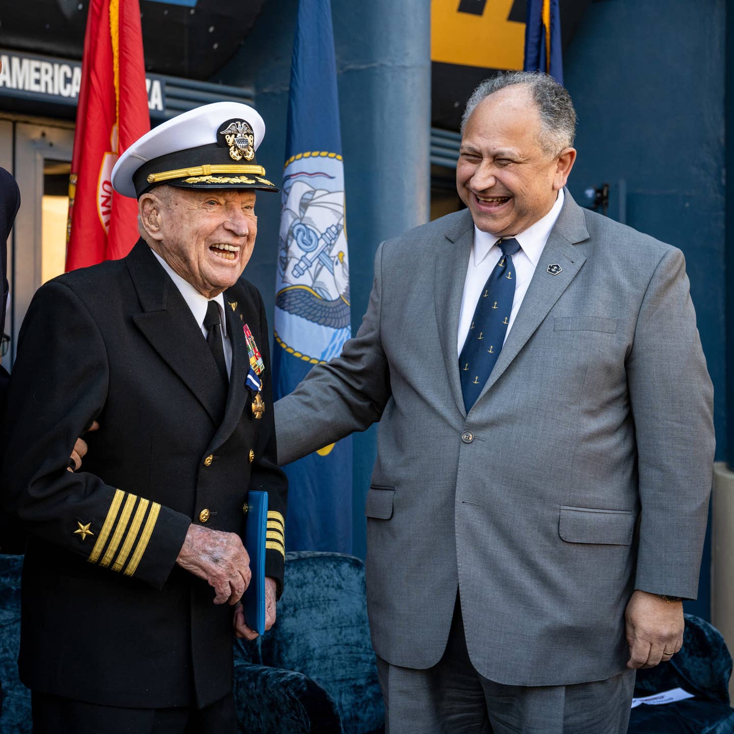 Secretary of the Navy Carlos Del Toro (right) with retired U.S. Navy Capt. E. Royce Williams following the ceremony awarding Williams with a Navy Cross on January 20. <em>U.S. Navy</em>