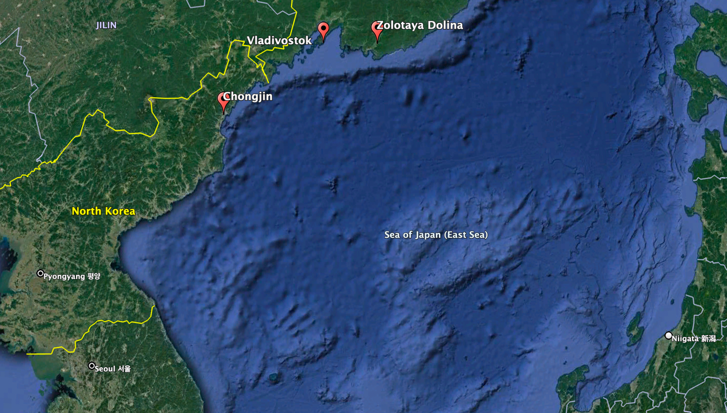 A current map of the Sea of Japan, with the approximate locations of Vladivostok and the MiG base at Zolotaya Dolina. USS <em>Oriskany</em> was sailing southeast of the North Korean city of Chongjin. <em>Google Earth</em>