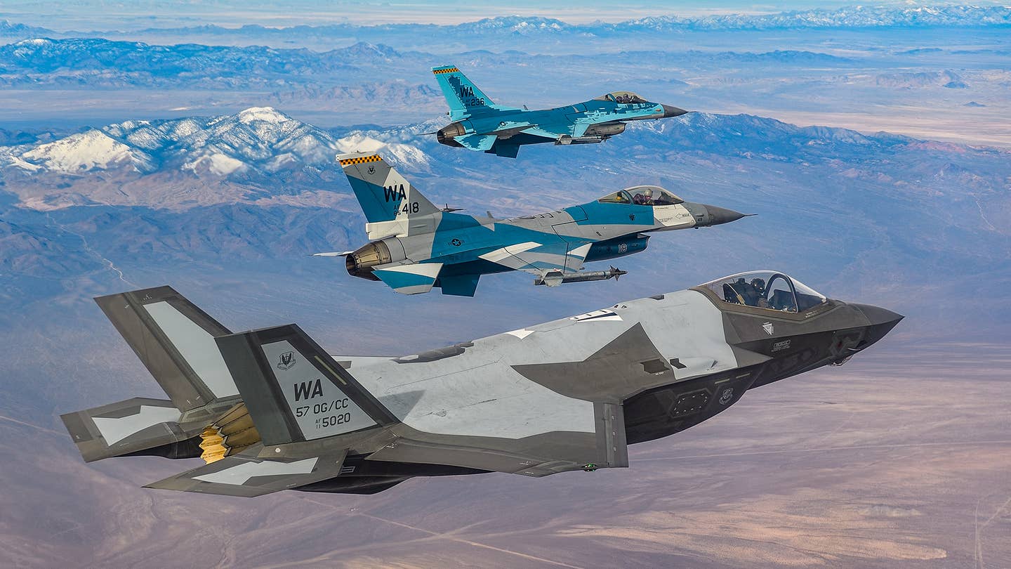 F-16Cs and an F-35A from the Nellis aggressors.