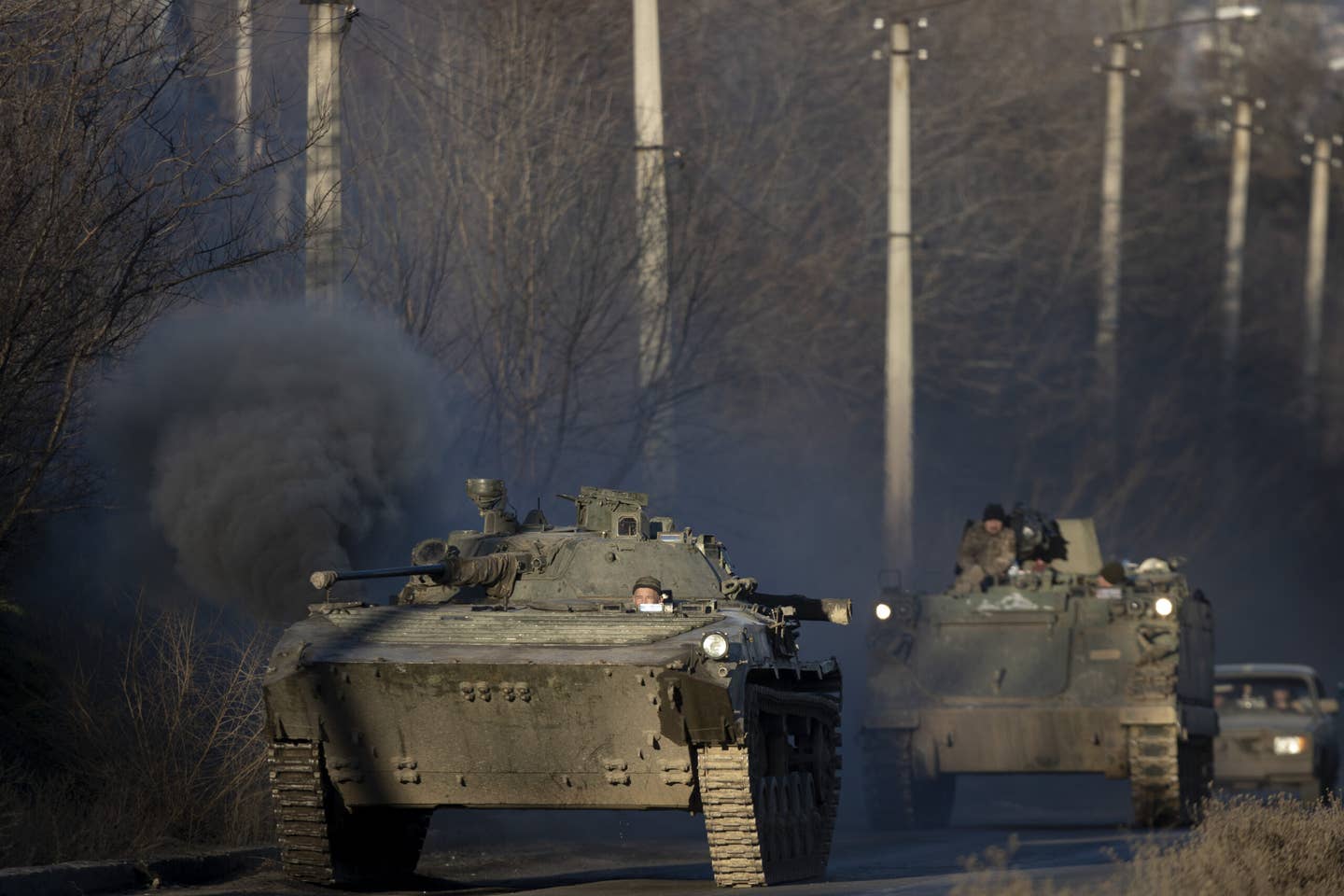 Ukrainian soldiers on their way to the frontlines. (Photo by Mustafa Ciftci/Anadolu Agency via Getty Images)