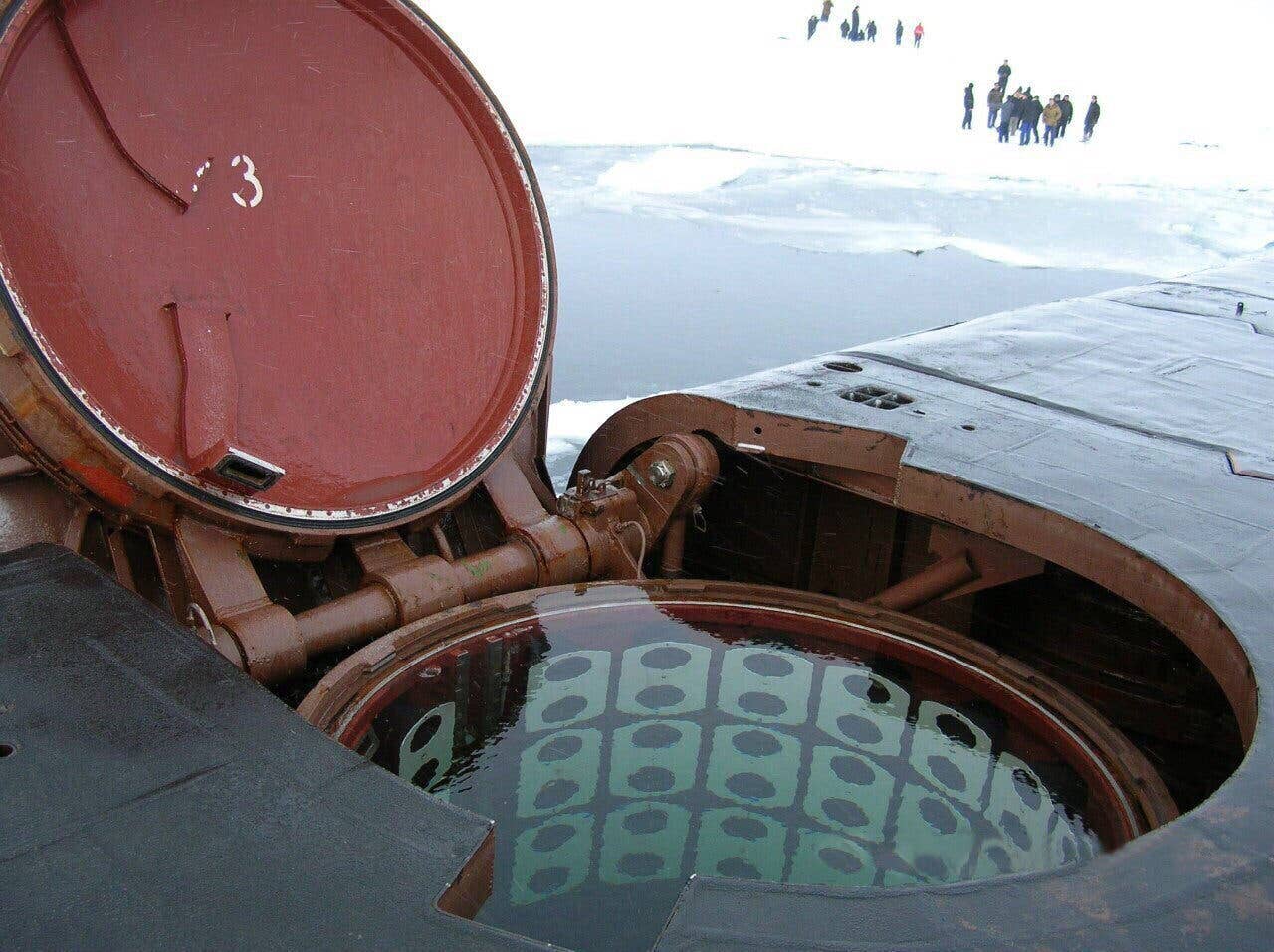 The<em> Delta IV</em> class SSBN <em>Ekaterinburg (K-84) </em>with a flooded missile tube after launch. <em>Author’s collection</em>