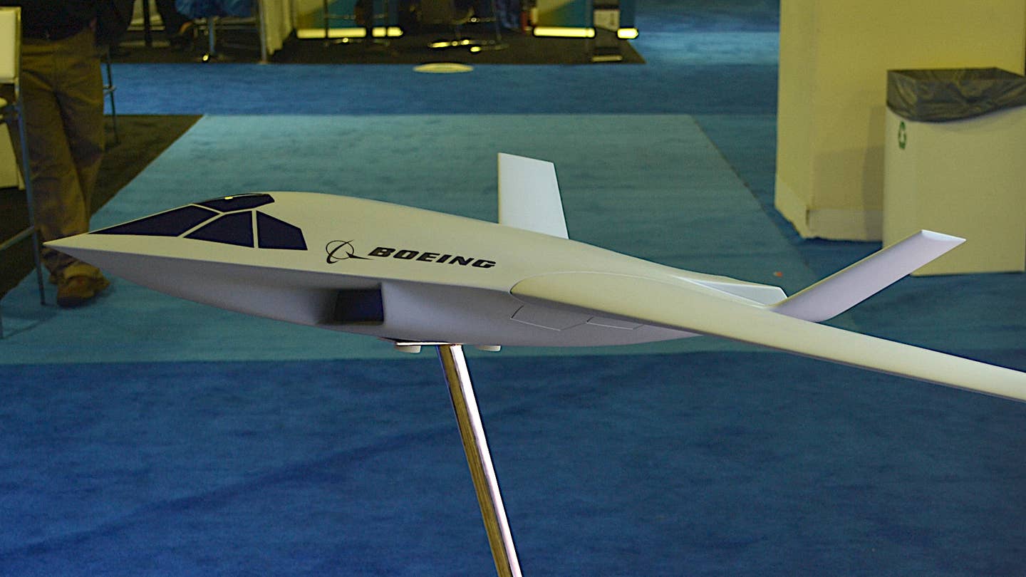 The model of the new stealthy BWB cargo aircraft concept that Boeing unveiled this week at the annual AIAA SciTech Forum and Exposition. <em>Joseph Trevithick</em>