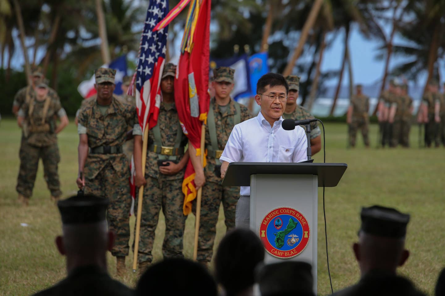 Kimura Jiro, parliamentary vice-minister of defense from the government of Japan, speaks at the Marine Corps Base Camp Blaz Reactivation and Naming Ceremony at Asan Beach, Guam, Jan. 26, 2023. <em>Credit: U.S. Marine Corps photo by Lance Cpl. Garrett Gillespie</em>