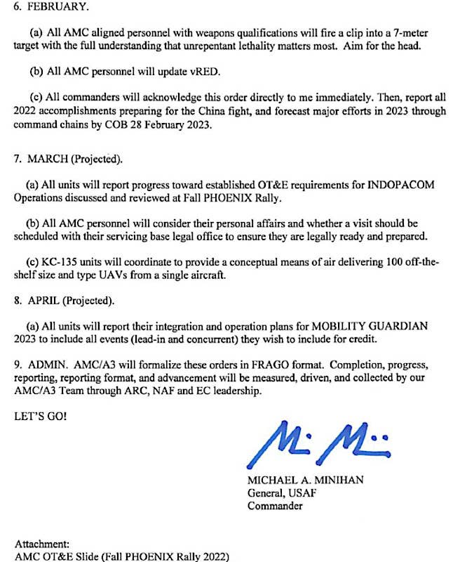 A portion of Gen. MInihan's February 2023 memo that mentions the concept of using KC-135s as launch platforms for drones. <em>USAF via Twitter</em>