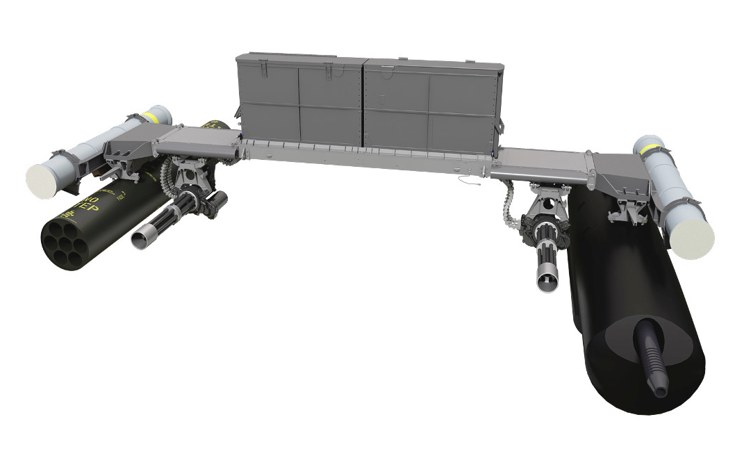A 3D rendering of Dillon Aero's Mission Configurable Aircraft System armament kit with weapons on six different stations. <em>Dillon Aero</em>