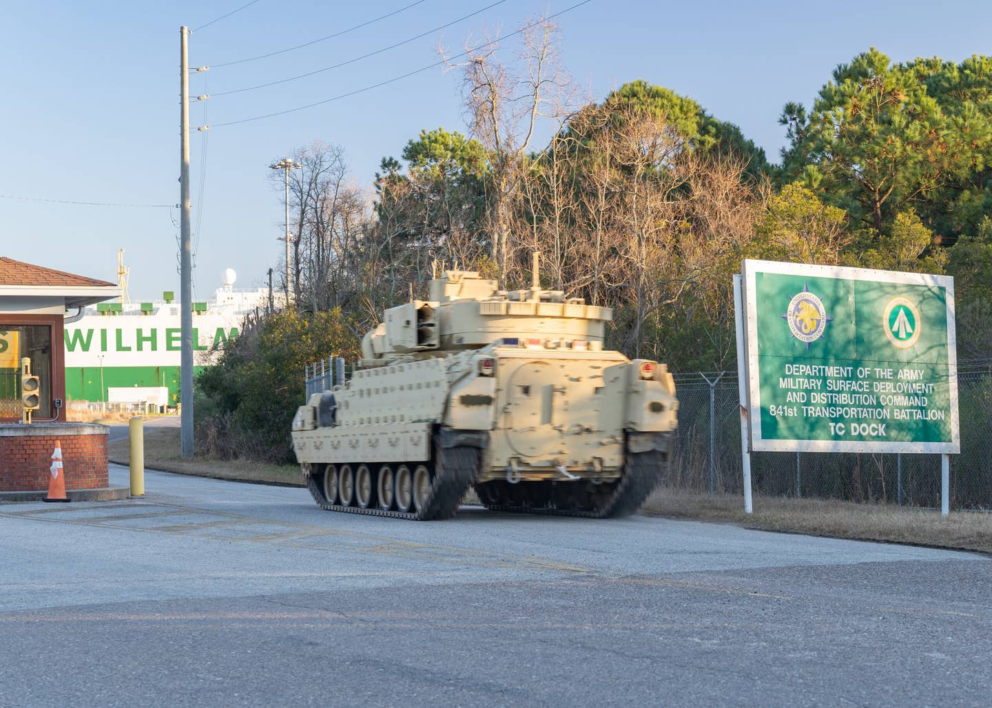 A Bradley Fighting Vehicle drives to the Transportation Core Dock in North Charleston, South Carolina, Jan. 25. (U.S. Transportation Command photo by Oz Suguitan)