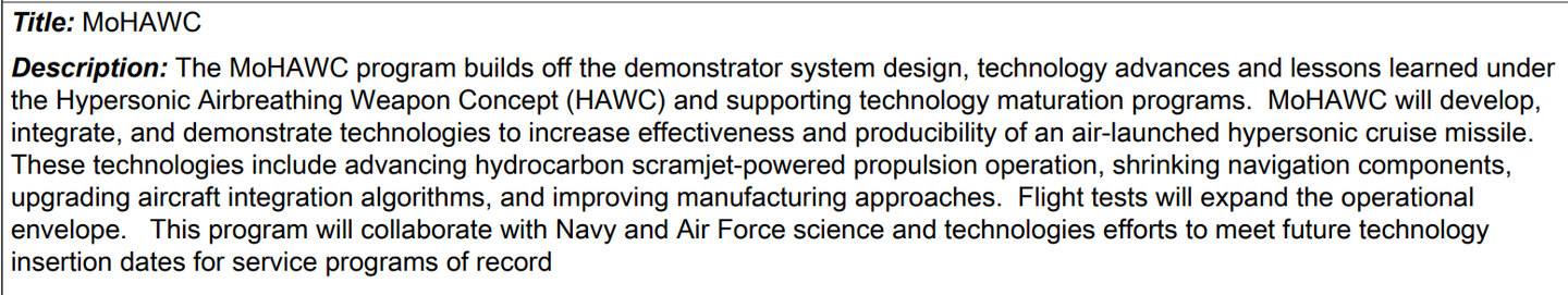 Excerpt from FY23 budget justification documents explaining what MoHAWC is set to entail. <em>Credit: Defense Department</em>