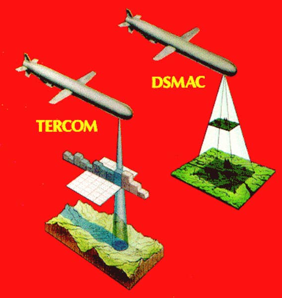 A very general visual representation, using the U.S. Tomahawk as an example, of what TERCOM and DSMAC guidance systems scan to help determine a missile's position. <em>via the Federation of American Scientists</em>