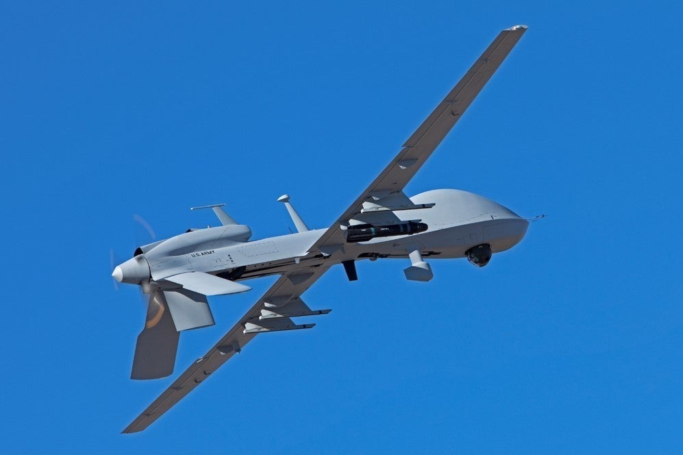 A Gray Eagle unmanned aircraft system (UAS) was the military-grade UAS used in the two-year project at Dugway Proving Ground to observe golden eagle nests. The project compared three observation methods to determine which one offered the most benefits. Dugway Proving Ground stock photo.