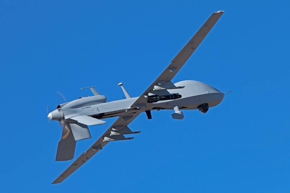 An MQ-1C Gray Eagle operating out of Dugway Proving Ground to observe golden eagle nests. <em>Credit: U.S. Army</em>