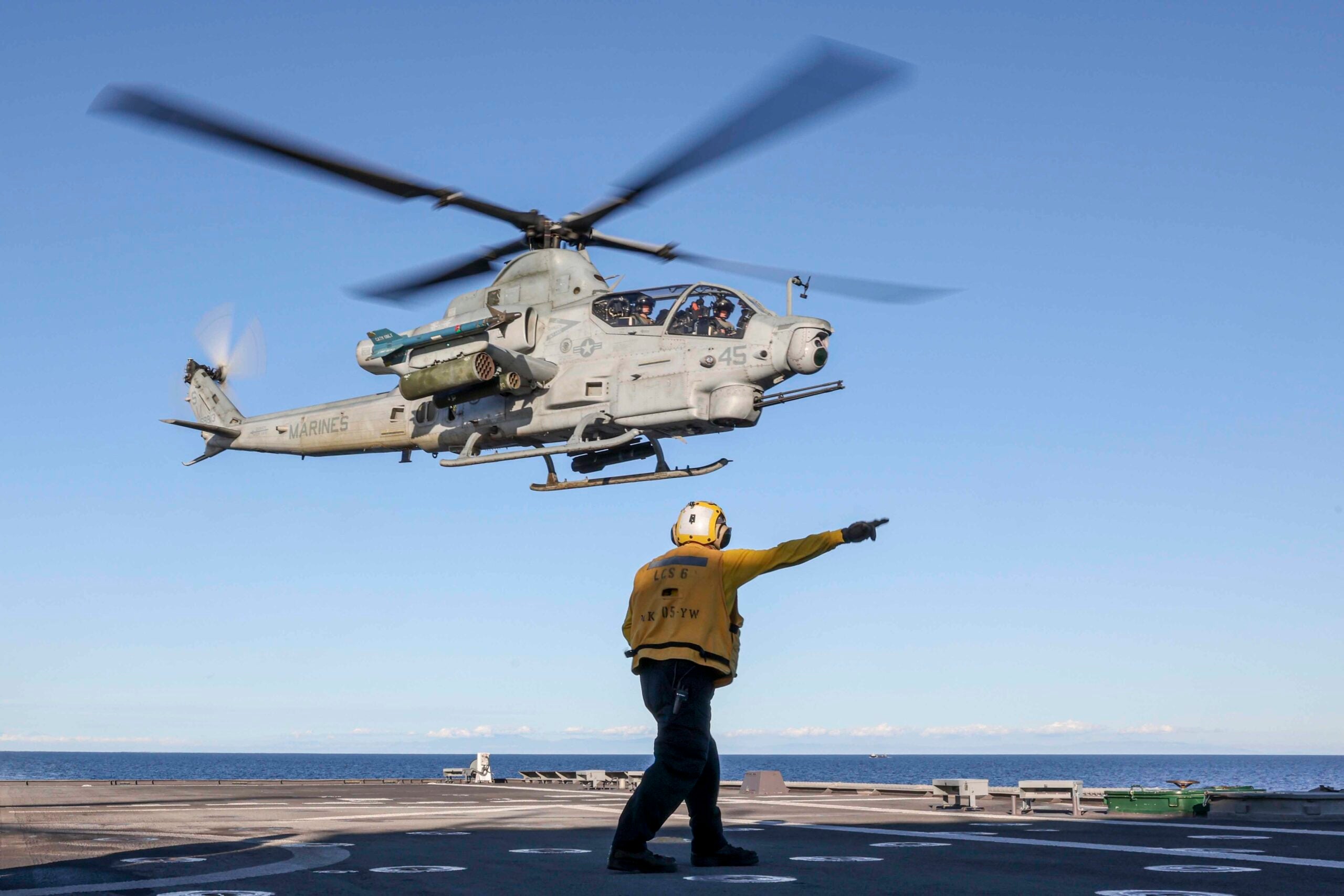 U.S. Marines with Marine Light Attack Helicopter Squadron 369, Marine Aircraft Group 39, 3rd Marine Aircraft Wing (MAW), fly an AH-1Z Viper off of the USS Jackson (LCS 6) during exercise Steel Knight 23, in the Pacific Ocean, Dec. 10, 2022. Exercise Steel Knight 23 provides 3rd MAW an opportunity to refine Wing-level warfighting in support of I Marine Expeditionary Force and fleet maneuver. (U.S. Marine Corps photo by Sgt. Samuel Fletcher)