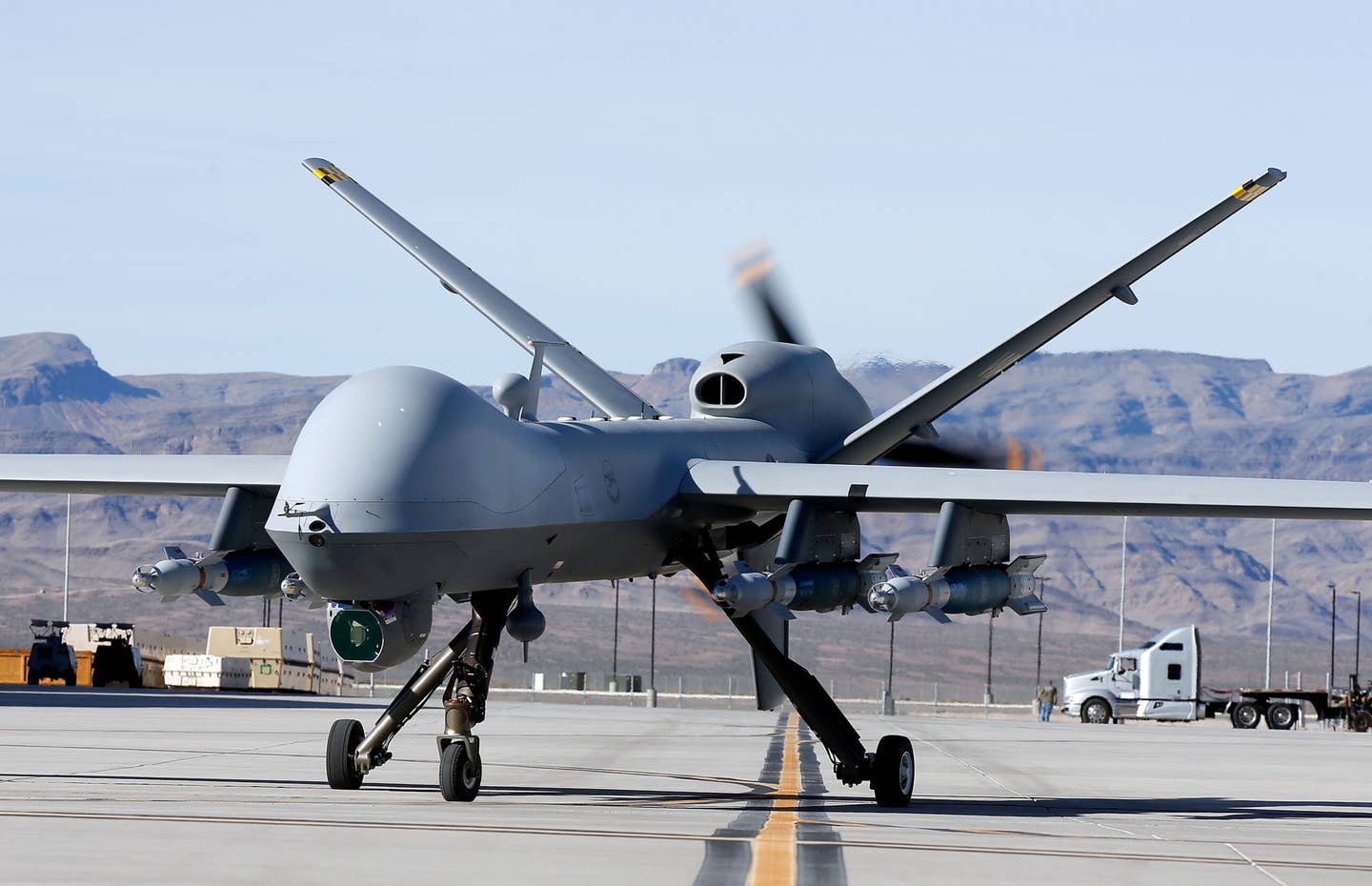 An MQ-9 Reaper drone at Creech Air Force Base in Nevada.  (Photo by Isaac Brekken/Getty Images)