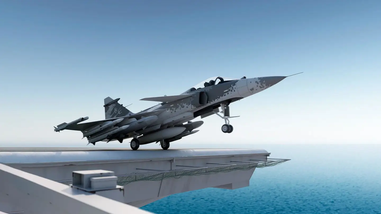 A concept artwork showing the Gripen Maritime offered by Saab to India. <em>Saab</em>
