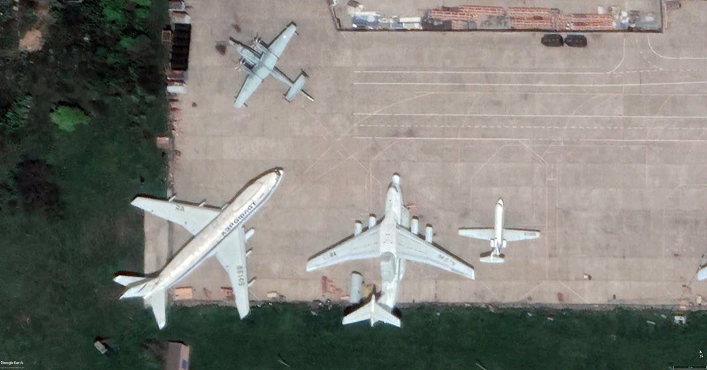 The A-60 at Beriev’s Taganrog airfield in May 2021. Other aircraft in this photo are an Il-80 airborne command post, a Be-12 amphibian, and a Yak-40K business jet. <em>Google Earth</em><br>