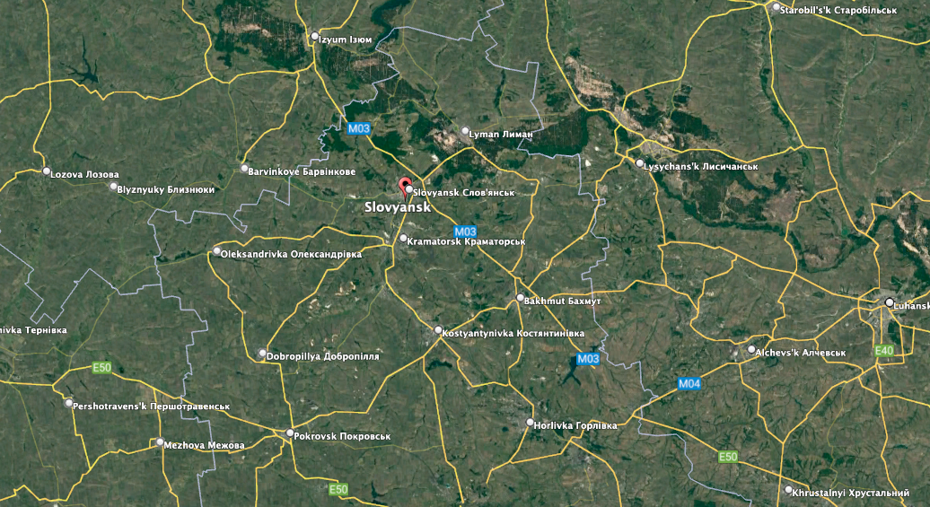 The Russians are pushing toward Sloviansk in Donetsk Oblast, according to an analysis provided to <em>The War Zone</em>. (Google Earth image)
