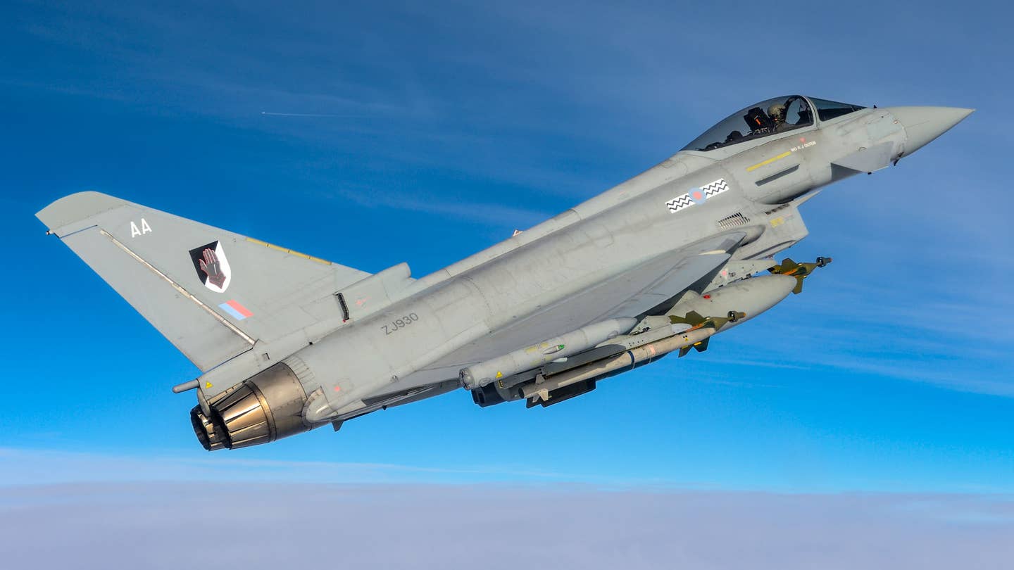 An RAF Tranche 1 Eurofighter Typhoon engaged in air-to-ground trials in 2013. <em>Jamie Hunter</em>