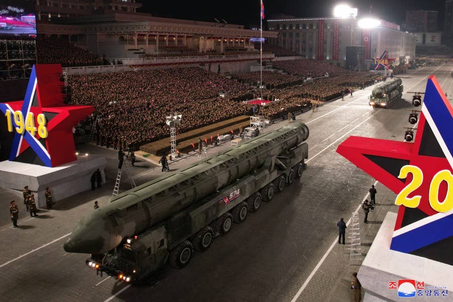 Another view of the so far unnamed presumed solid-fuel type ICBM. <em>KCNA</em>