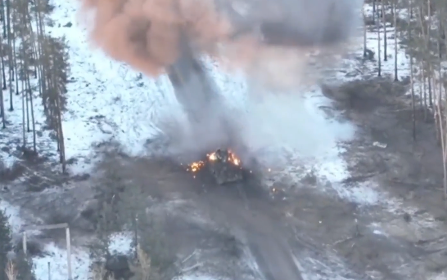 A screengrab from the video showing the aftermath of the stricken Russian Terminator vehicle. <em>Credit: Twitter screengrab</em>