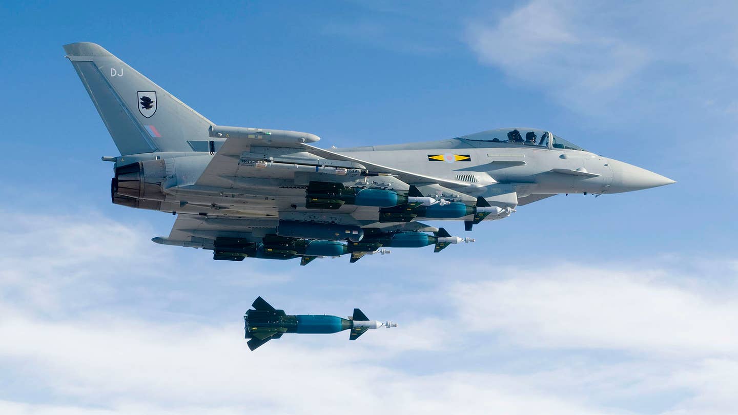 A U.K. Royal Air Force Typhoon drops a laser-guided bomb. <em>Crown Copyright</em>