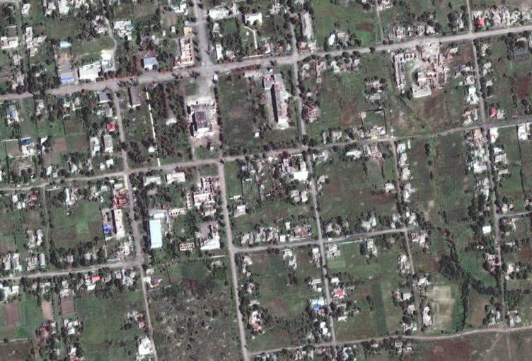 The village of Petrivka as seen in the summer. (Satellite image ©2023 Maxar Technologies.)