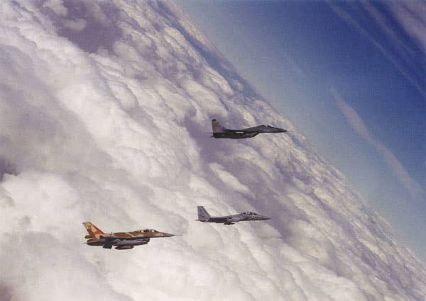 One of the MiG-29s during an air combat training mission with an F-15 and an F-16.<em> Israeli Air Force</em>