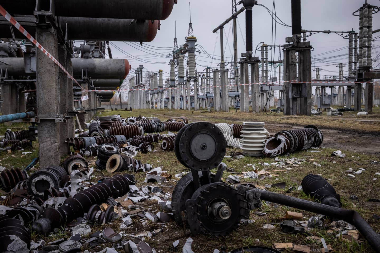 A high voltage substation switchyard stands partially destroyed after the Ukrenergo power station was hit by a missile strike. (Photo by Ed Ram/Getty Images)