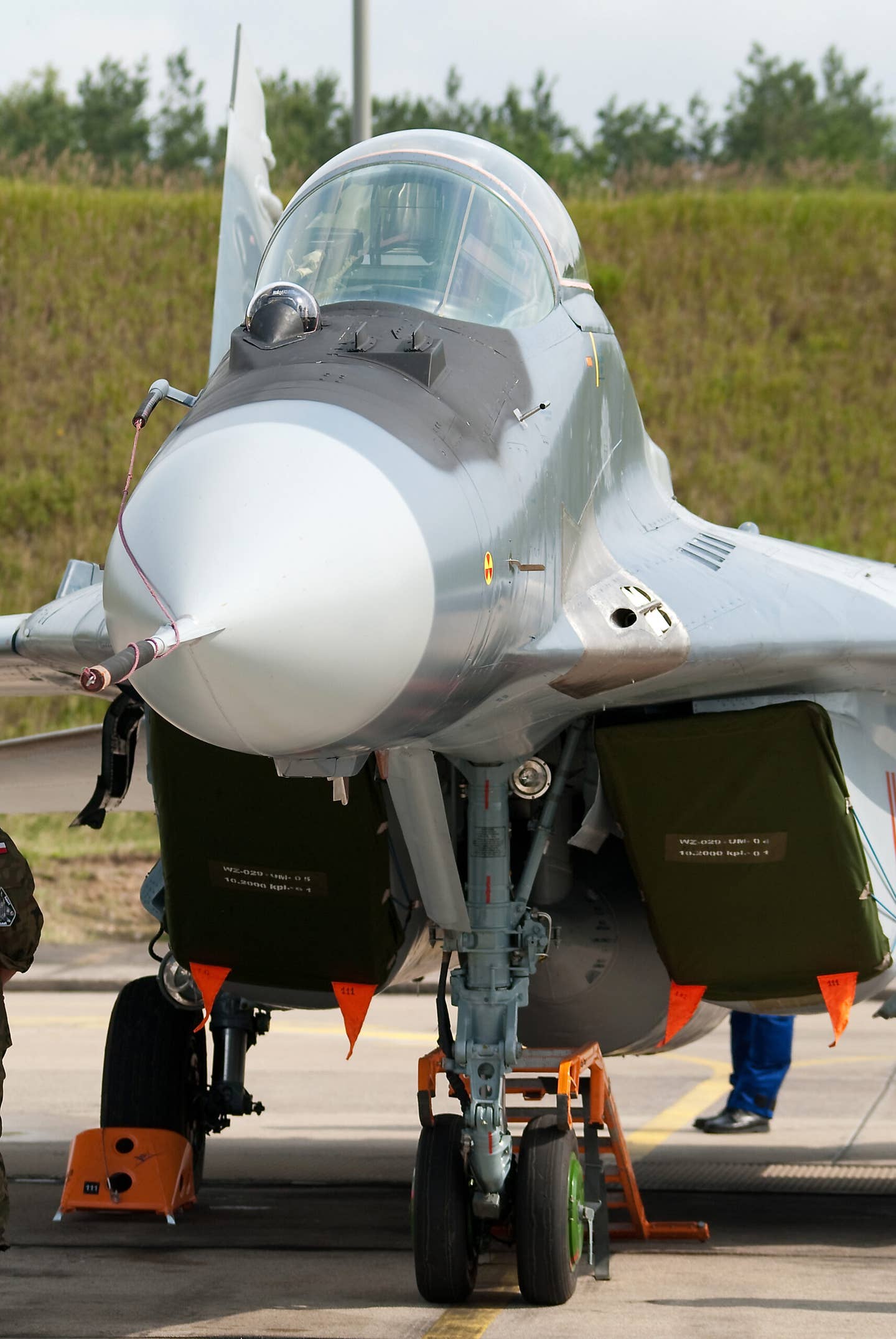 A Polish MiG-29, with the IRST dome clearly seen immediately ahead of the windshield. <em>bomberpilot/Wikimedia Commons </em>