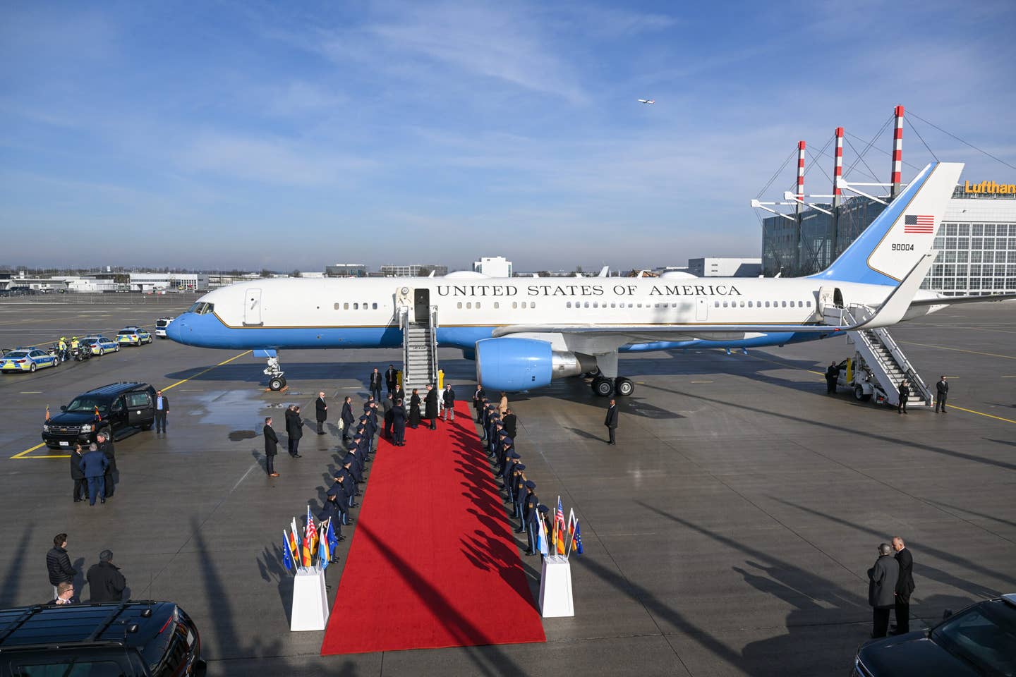 A view of Air Force Two as U.S. Vice President Kamala Harris arrives at Munich Airport on February 16, 2023, to attend the 2023 Munich Security Conference. <em>Photo by Hannes Magerstaedt/Getty Images</em>