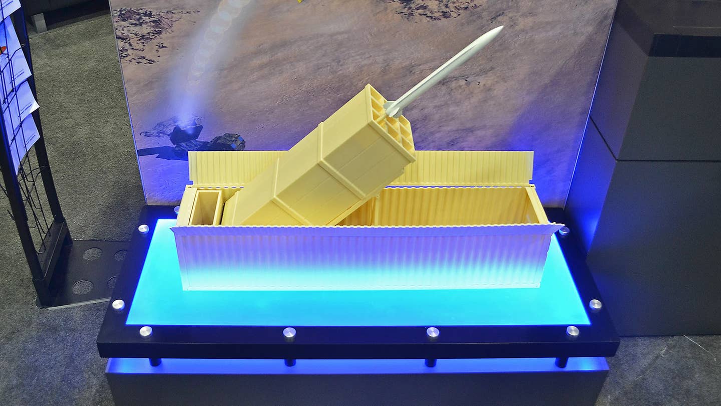 A model of Northrop Grumman's containerized ground-based launcher for the AGM-88G. <em>Joseph Trevithick</em>