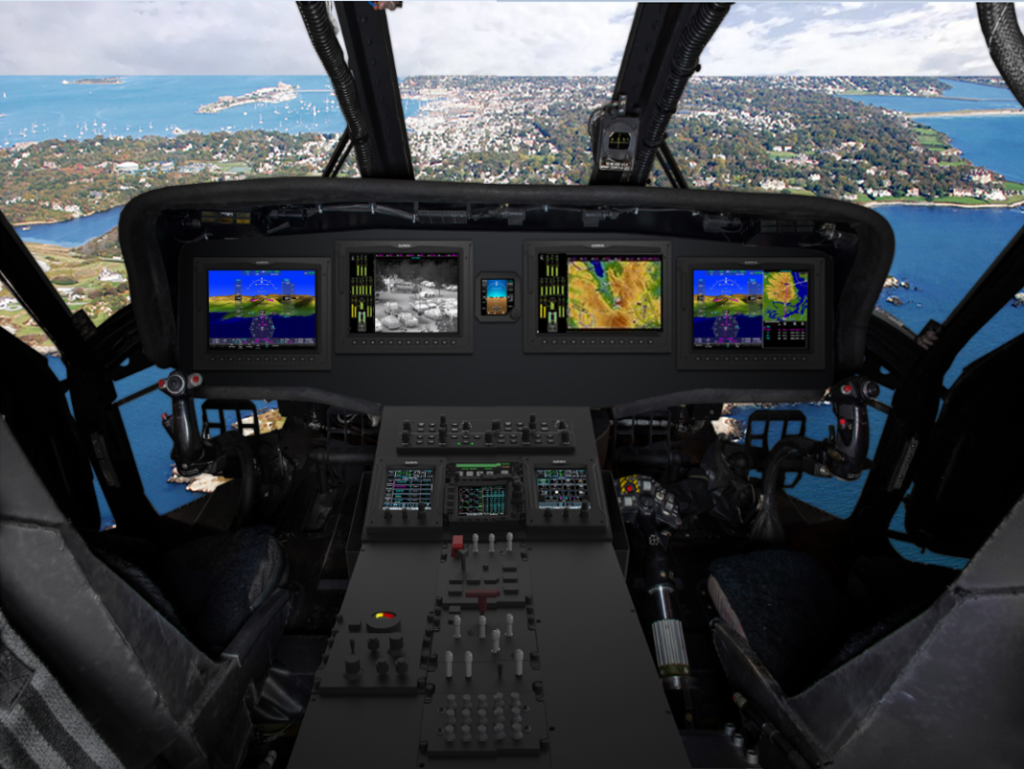 A computer rendering of the G5000H cockpit installed in an S-70/UH-60 series helicopter. <em>Garmin</em>