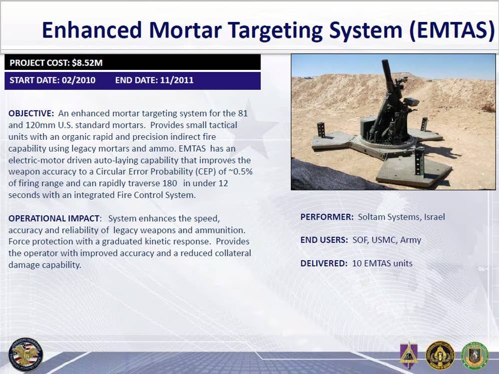 Information about the Enhanced Mortar Targeting System (EMTAS), which can be used with various types of mortars. <em>CTTSO</em>