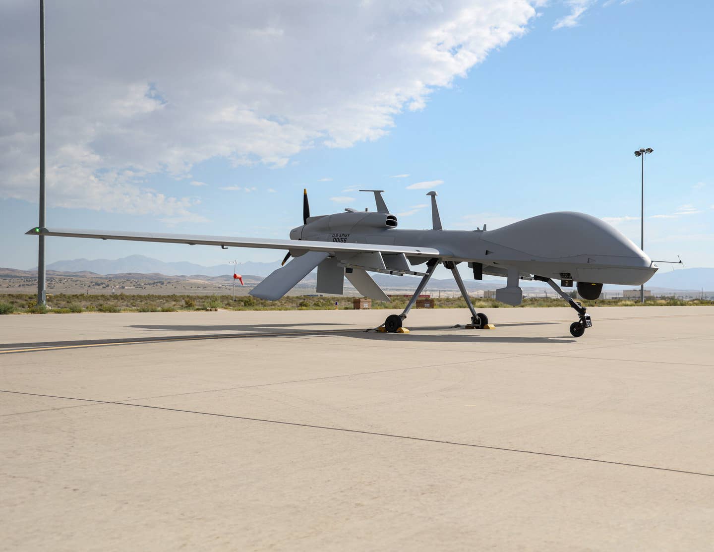 An MQ-1 Gray Eagle shown during a joint force exercise at Dugway Proving Ground, Utah. <em>Credit: U.S. Army National Guard photo by John Zierow</em>