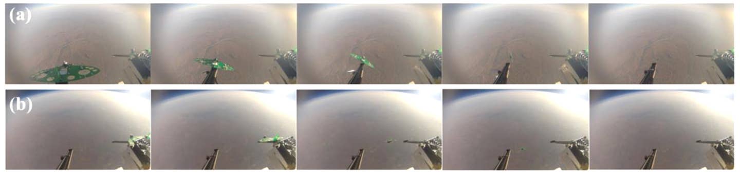 A series of screen captures from videos of the two drone launches over Inner Mongolia in 2017. The top and bottom rows show the releases from altitudes between nine and 10 kilometers and 20 and 25 kilometers, respectively. <em><em>Chinese Academy of Sciences</em> <em>via International Journal of Micro Air Vehicles</em></em>
