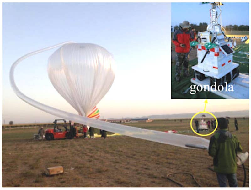 An annotated image of one of the balloons used in the high-altitude drone release tests over Inner Mongolia in 2017. An inset shows the payload gondola with the launchers and other systems. <em><em><em>Chinese Academy of Sciences</em> <em>via International Journal of Micro Air Vehicles</em></em></em>