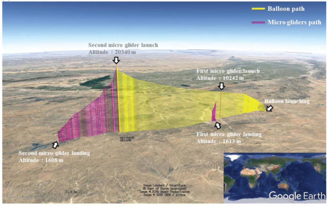 A graphic showing the flight paths of the two drones that were released during the tests over Inner Mongolia in 2017. <em><em>Chinese Academy of Sciences</em> <em>via International Journal of Micro Air Vehicles</em></em>