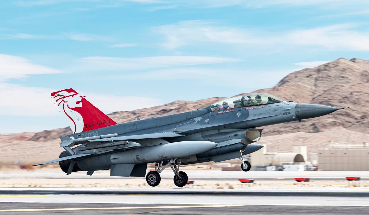 A Republic of Singapore Air Force F-16D assigned to the 425th Fighter Squadron at Luke Air Force Base, Arizona, arrives for Red Flag-Nellis 22-2 at Nellis Air Force Base, Nevada, March 3, 2022. <em>U.S. Air Force photo by William R. Lewis</em><br>