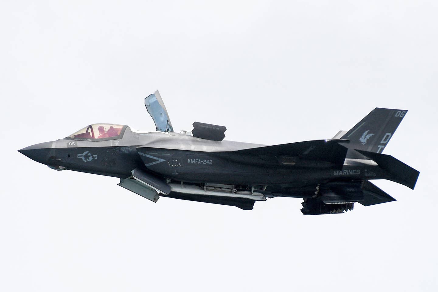 A U.S. Marine Corps F-35B performs during a preview of the Singapore Airshow on February 13, 2022. <em>Photo by ROSLAN RAHMAN/AFP via Getty Images</em>