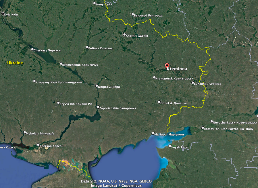 Ukraine has "nullified" a Russian offensive near Kreminna in Luhansk Oblast, a Ukrainian general said Thursday. (Google Earth image)