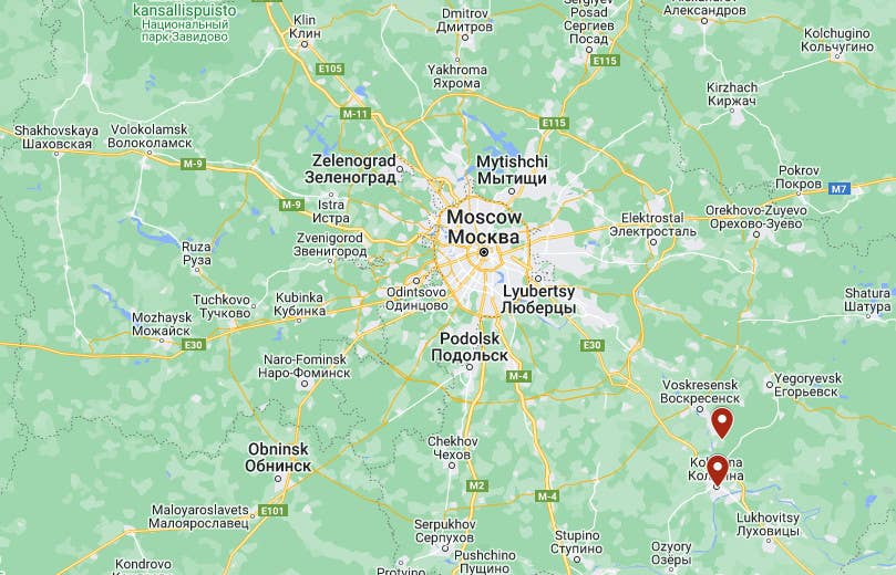 A map showing Gubastovo and, to its immediate south, Kolomna, and their relative proximities to Moscow. <em>Google Maps</em>